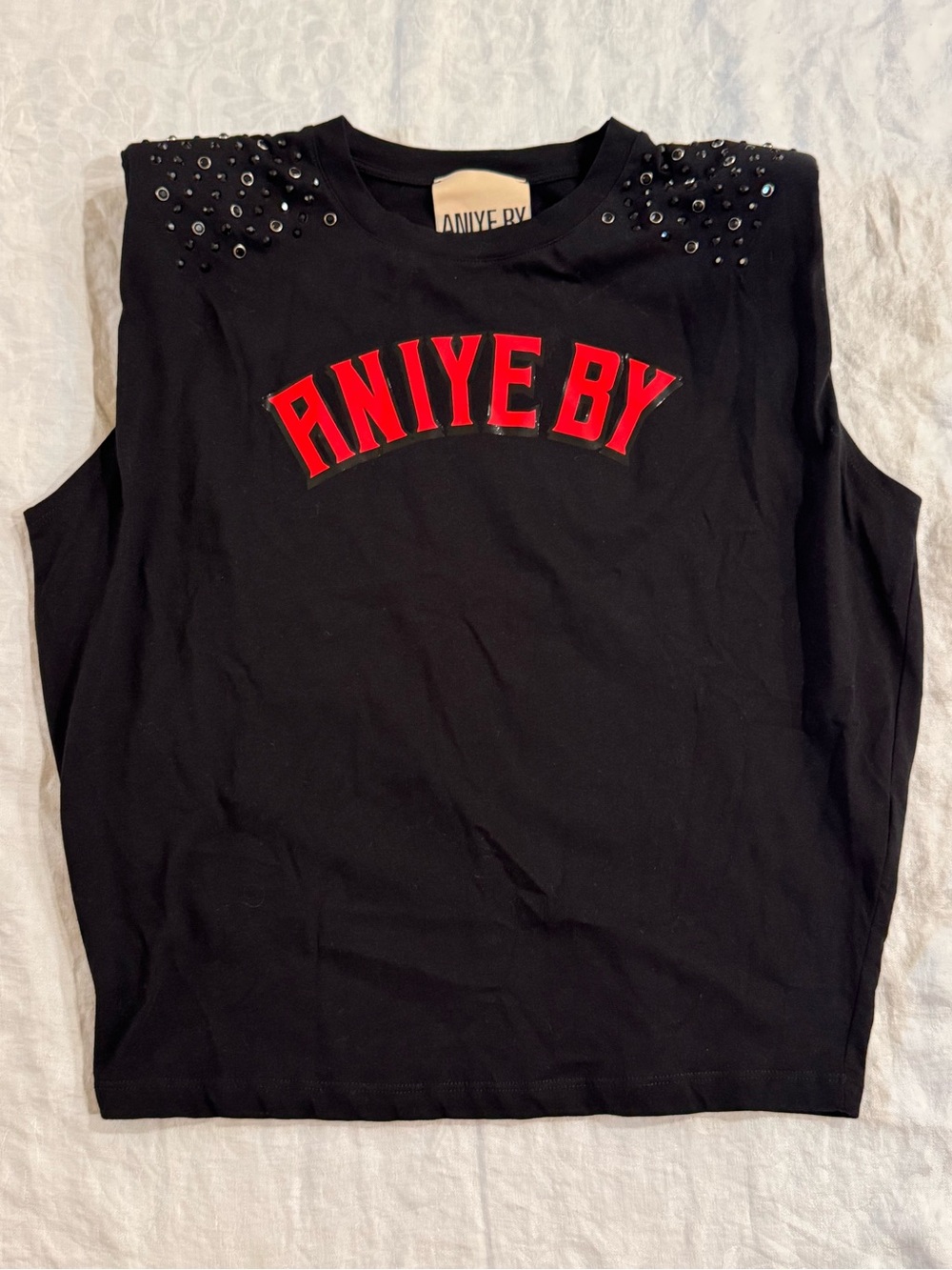 Aniye By Italy Black Rhinestone Stud Shoulder Muscle Tee 38 US 2